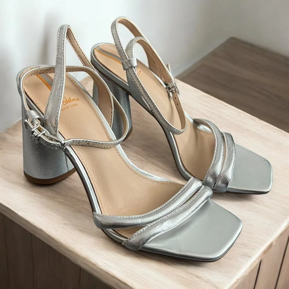 Sam Edelman Silver Kia Strappy Block Heel Sandal US 5.5M EUR 35.5 Y2K Vibe - Picture 1 of 6